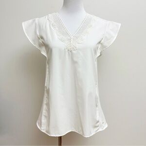 Tommy Hilfiger White Dotted Lace Front Ruffle Flutter Sleeve Blouse Size Medium